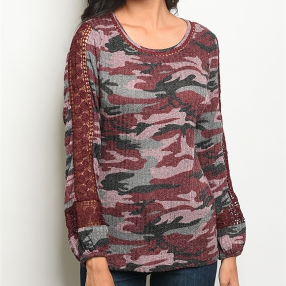 BURGUNDY GRAY CAMOUFLAGE TOP - Picture 2 of 4